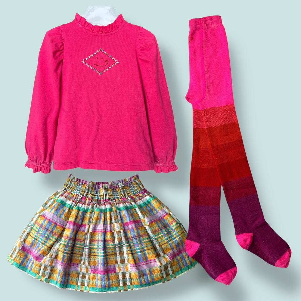 Oilily Puff Sleeve Top Gathered Skirt and Ombré Tights Outfit Size 104 (4T) Pink